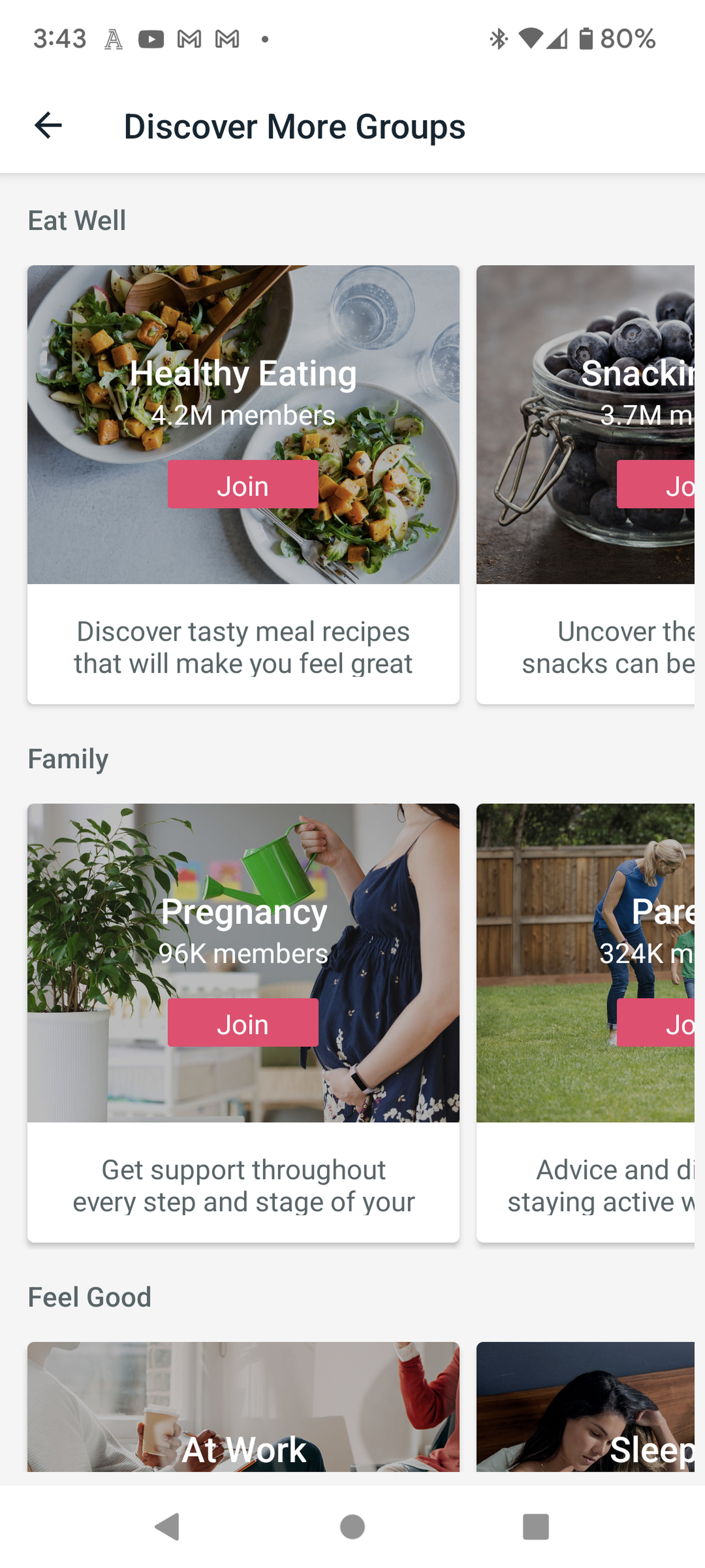 Açık Grupları gösteren Fitbit Topluluk sekmesinin ekran görüntüsü.