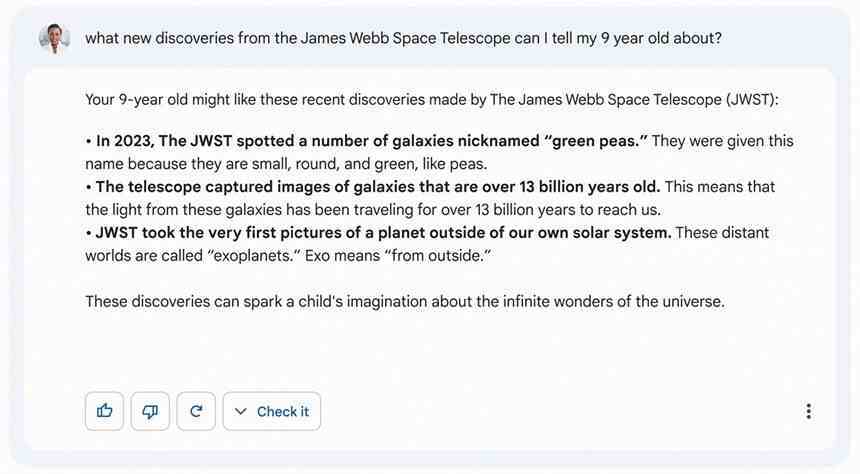 Bard, 9 yaşındaki bir çocuğa NASA'nın James Webb Uzay Teleskobu hakkında karmaşık bir soruyu yanıtlıyor - Google, konuşmalı yapay zeka platformu Bard'ı tanıtıyor;  genel kullanıma sadece haftalar kaldı