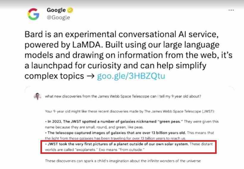 Vurgulanan alan, Bard'ın yanlış cevabını gösteriyor - Google'ın Bard AI chatbot'u, yatırımcılara 100 milyar dolarlık piyasa değerine mal oluyor