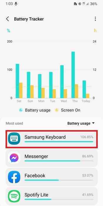 One UI 5.1'in yüklenmesinin ardından Samsung Klavye için büyük pil kullanımına bakın - Samsung'un One UI 5.1'i, Galaxy cep telefonlarının pil ömrünü önemli ölçüde azaltır