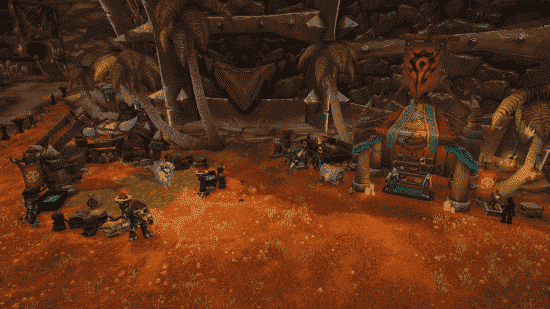 Üzerinde kırmızı bir toprak ovada World of Warcraft Horde logosu bulunan küçük bir mağaza