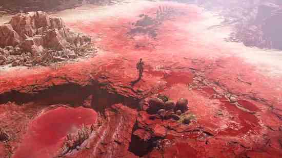 Diablo 4 Dry Steppes - geniş tuz düzlüklerinin kırmızımsı ve beyaz zemininde duran bir karakter