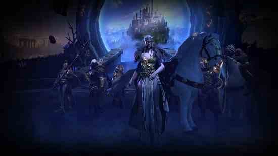 Mor tenli bir elf savaşçısı, yanında beyaz bir atla mistik bir kalenin önünde duruyor.