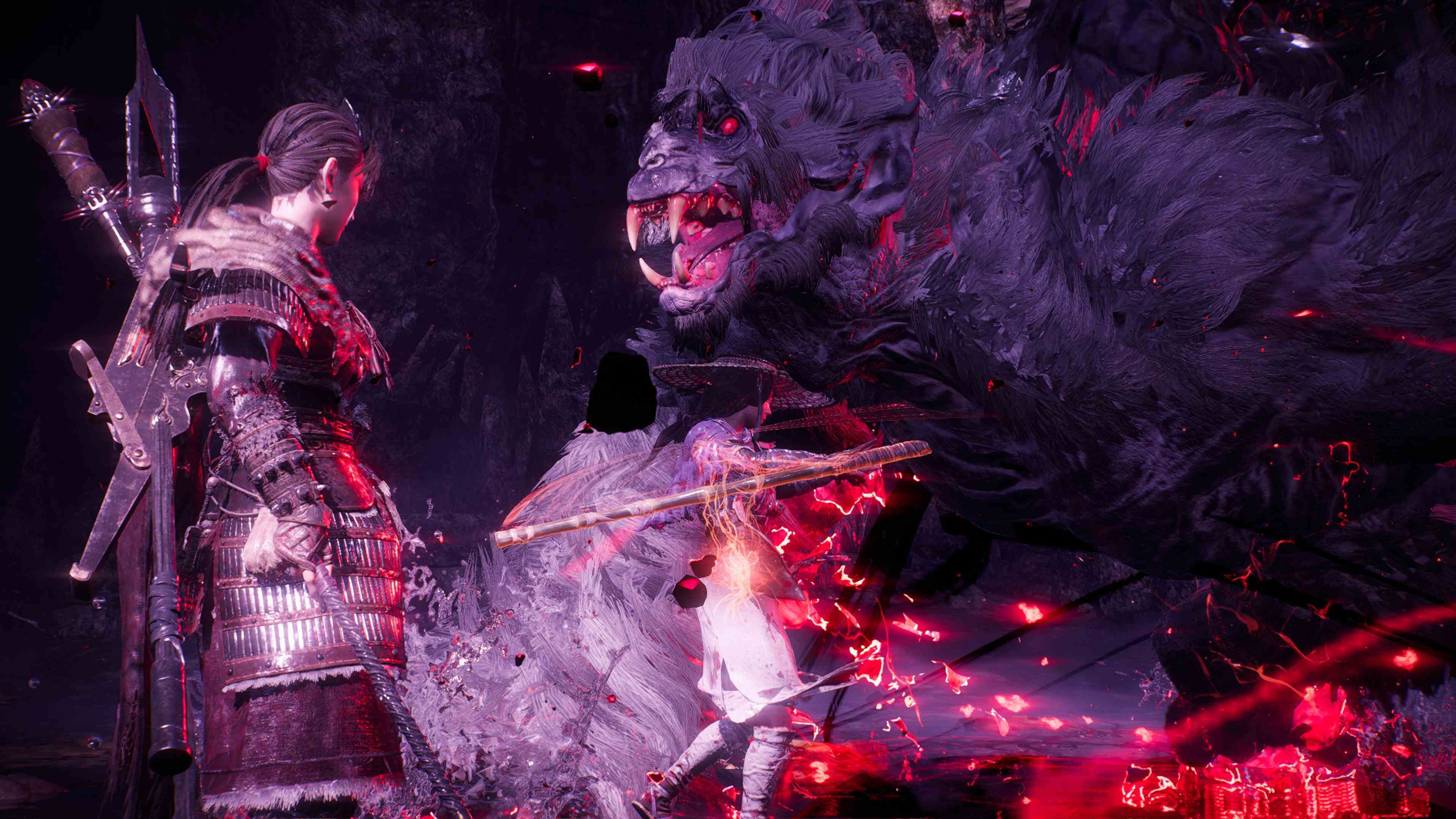 Wo Long: Fallen Dynasty oyun içi ekran görüntüsü, oyuncunun bir patronla yüz yüze gelmesi, Fotoğraf modunda çekilmiş.