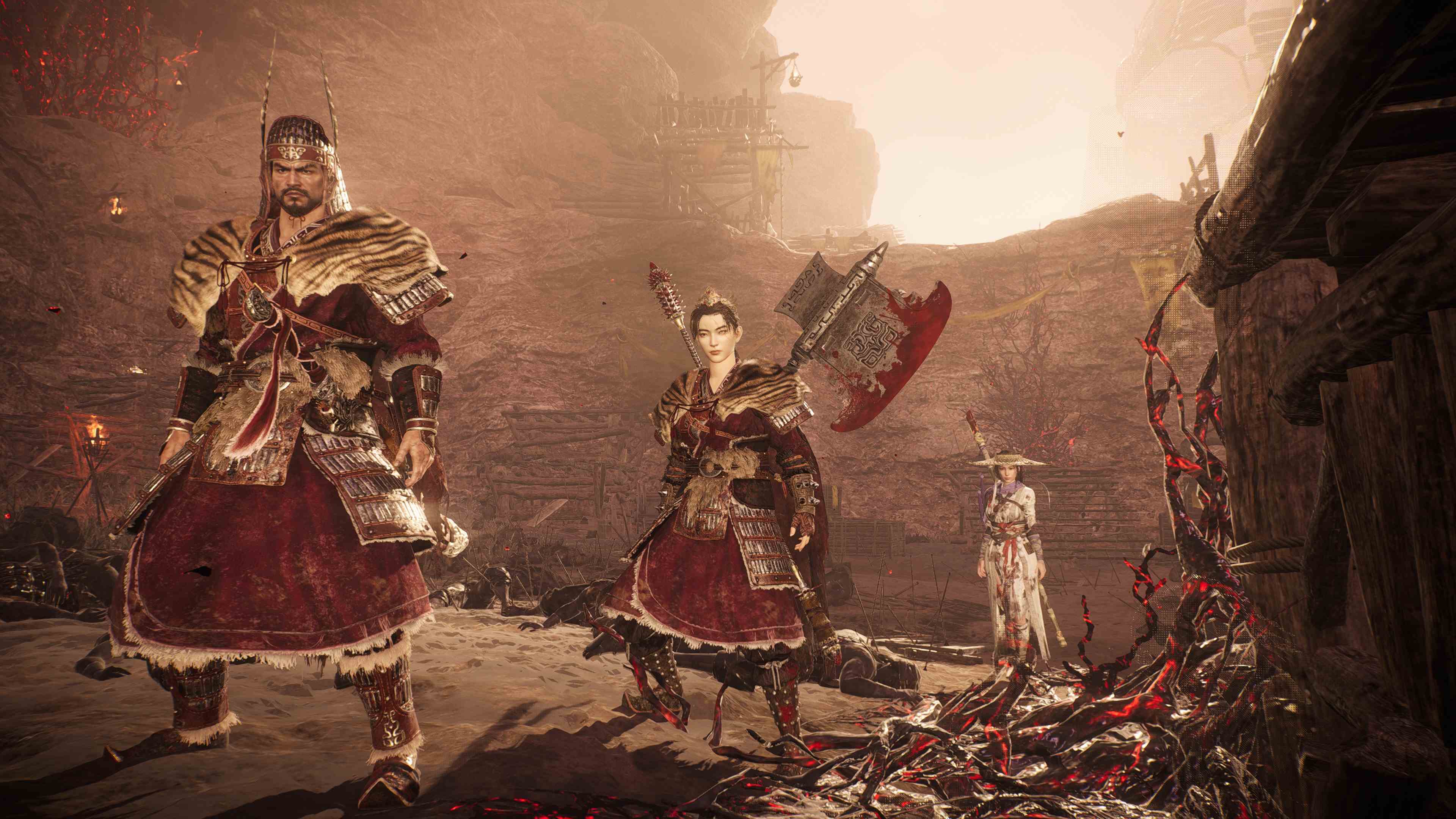 Wo Long: Fallen Dynasty, oyuncunun müttefikleriyle birlikte çekilmiş, Fotoğraf Modunda çekilmiş oyun içi ekran görüntüsü.