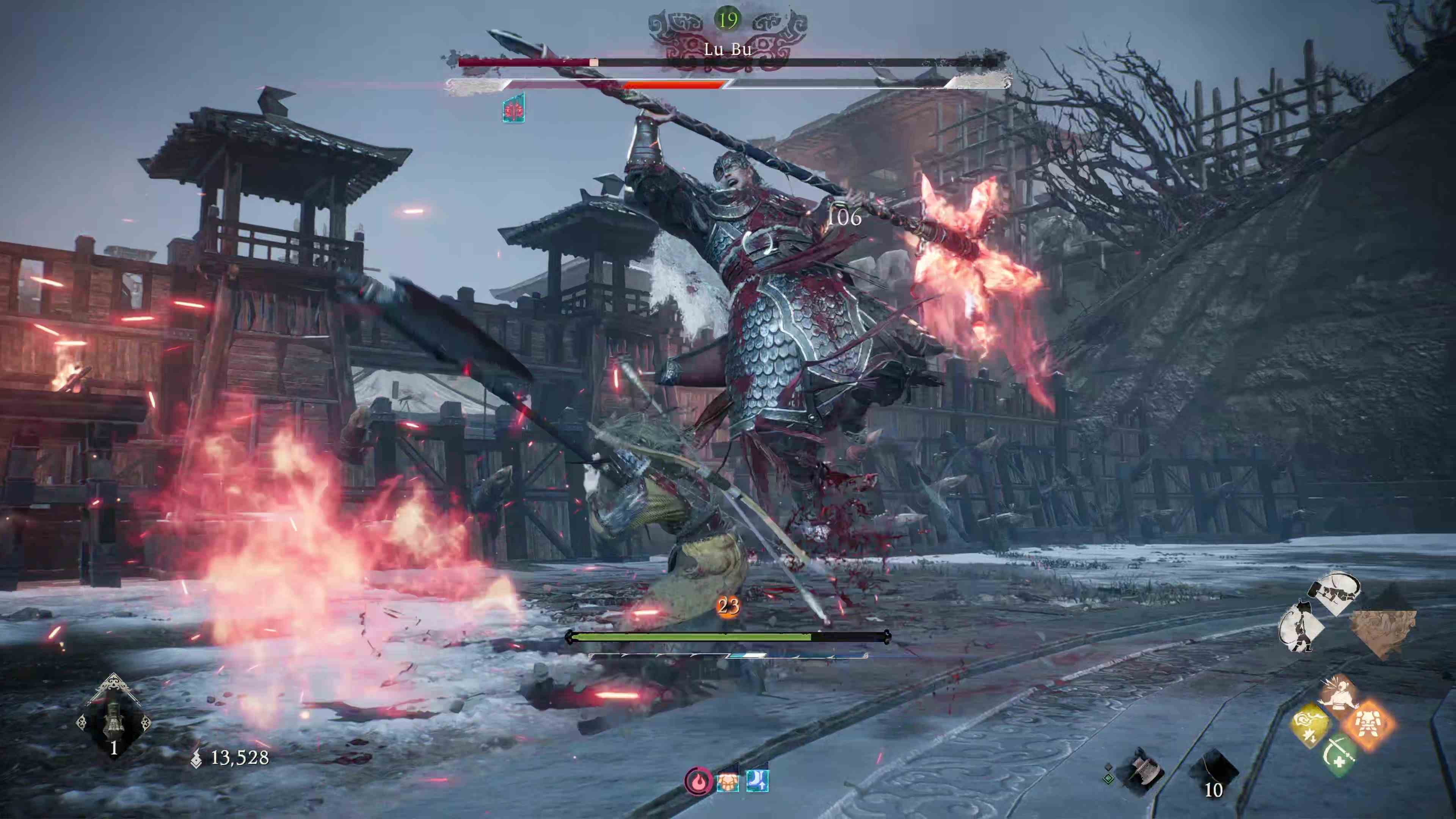 Wo Long: Fallen Dynasty Lu Bu'nun Kritik Darbesini savuşturmak üzere olan oyuncunun oyun içi ekran görüntüsü.