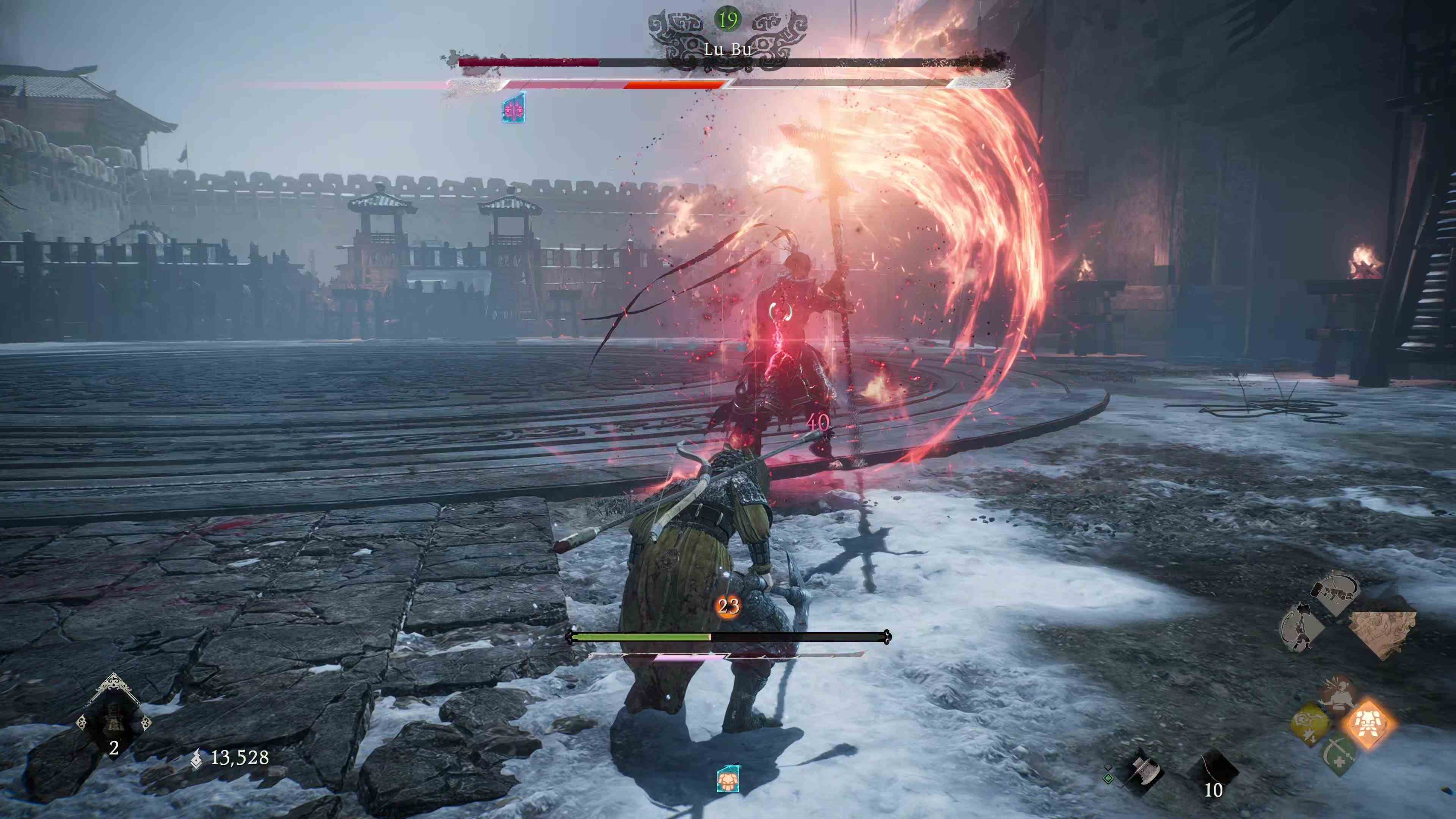 Wo Long: Fallen Dynasty Lu Bu'nun Critical Blow hazırlığını gösteren oyun içi ekran görüntüsü.