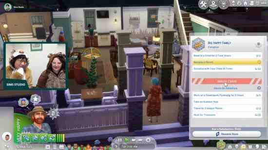 The Sims 4 Growing Together - Sim'e dört maceralı görevi tamamlama görevi veren 'orta yaş krizini' gösteren bir menüye sahip bir evin geniş çekimi
