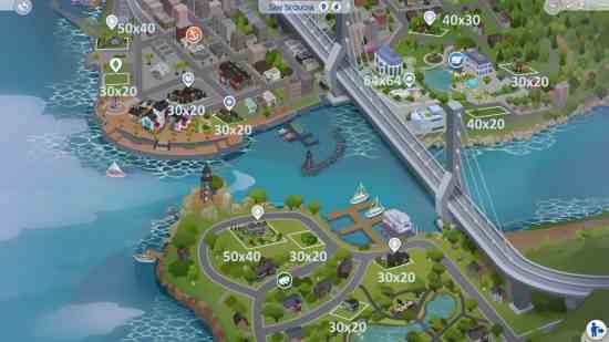 The Sims 4 Growing Together - San Sequoia'nın tüm arsa boyutlarını gösteren genel bakış haritası