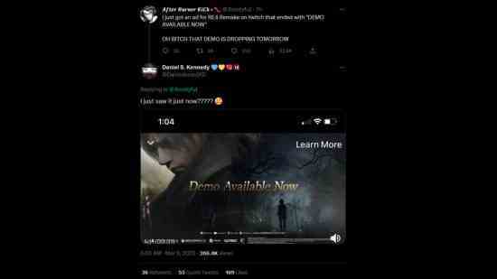 Resident Evil 4 - 'Şu Anda Demo Kullanılabilir' iddiasında bulunan bir Resident Evil 4 Remake reklamını gösteren Twitter resmi