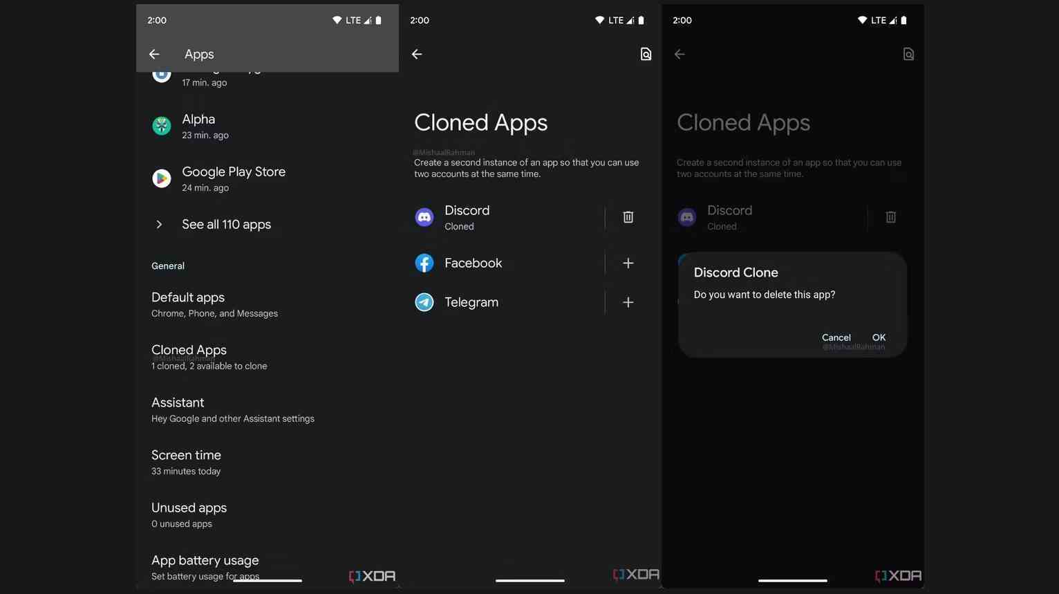 Android 14'teki klonlanmış uygulamalar özelliğini gösteren ekran görüntüleri