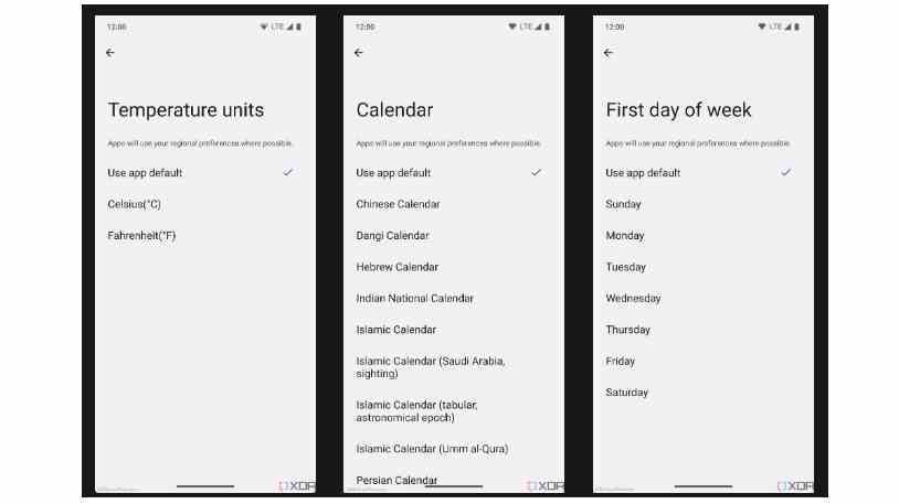 Android 14'ün bölgesel tercihler özelliğini gösteren ekran görüntüleri