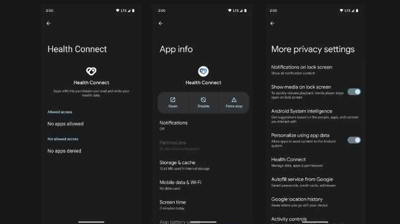 Android 14'te Health Connect'i gösteren ekran görüntüleri