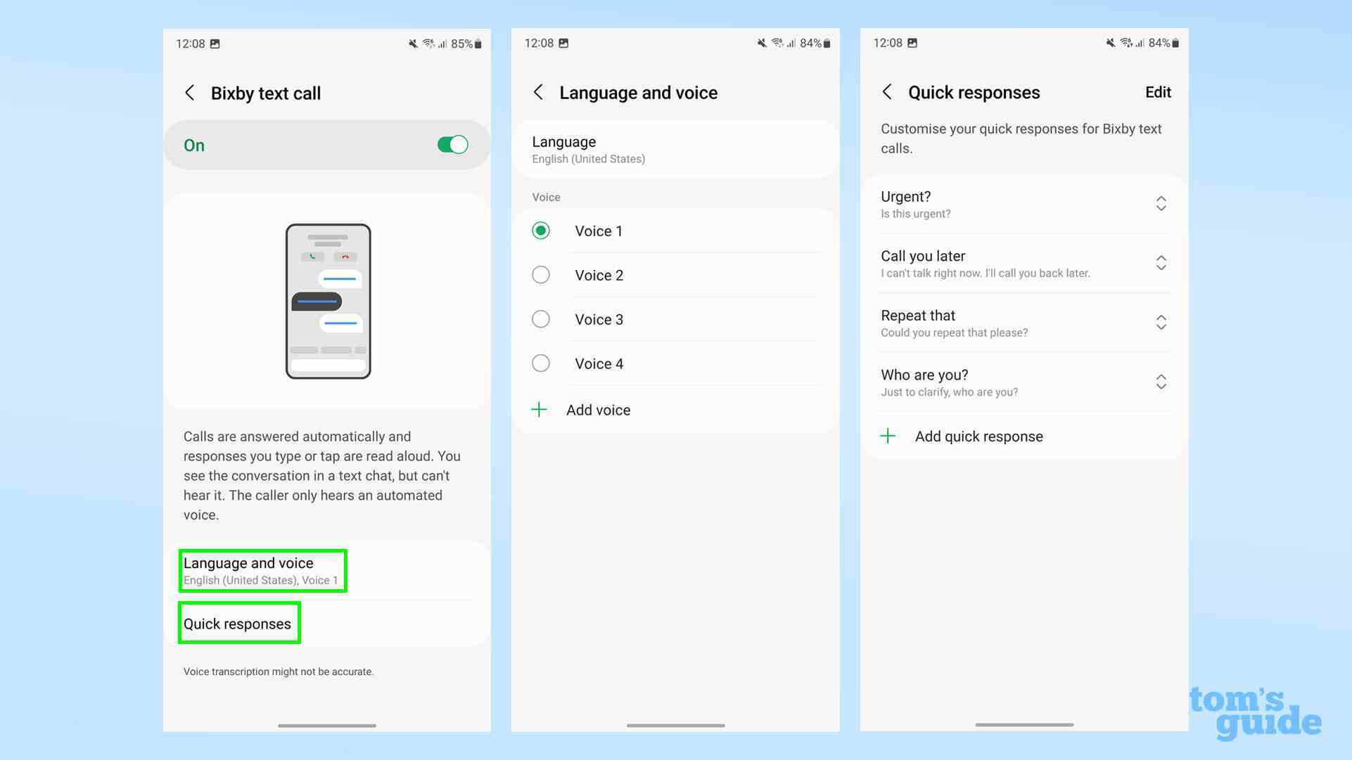Dil için ek seçenekleri ve Telefon uygulaması ayarlar menüsünde Bixby Metin Araması için önceden hazırlanmış yanıtları gösteren Samsung Galaxy S23'ten iki ekran görüntüsü