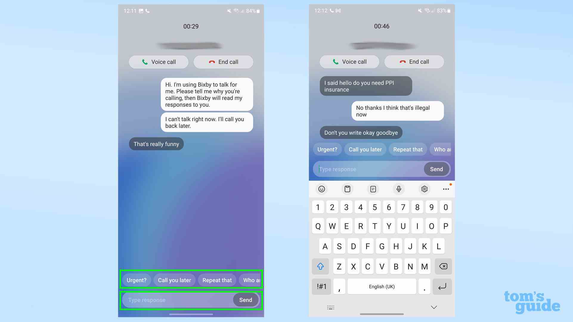 Bir Bixby Metin Aramasına önceden hazırlanmış ve serbest biçimli yanıtlarla nasıl yanıt verileceğini gösteren Samsung Galaxy S23'ten iki ekran görüntüsü