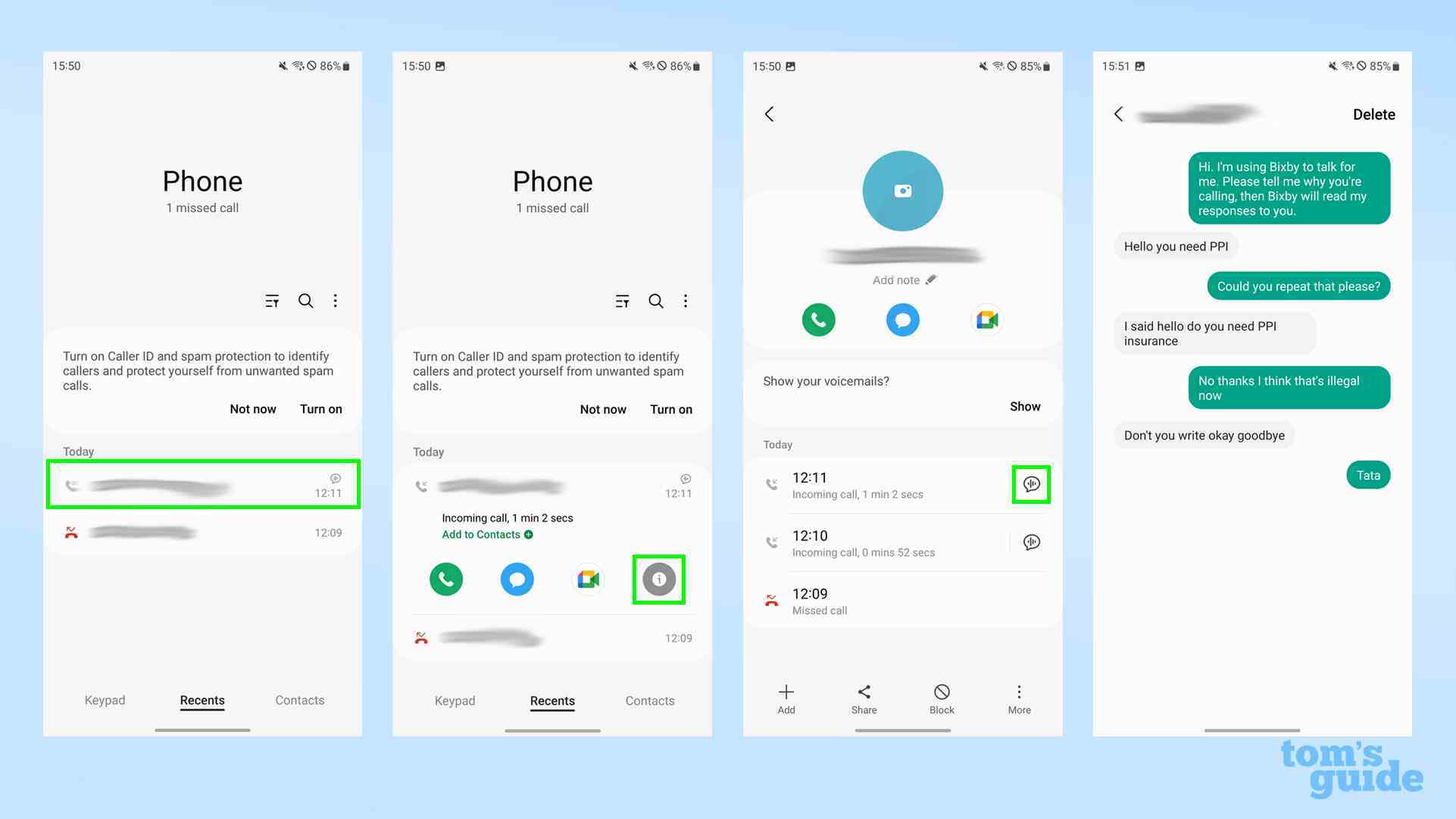 Bixby Metin Araması dökümüne nasıl erişileceğini gösteren dört ekran görüntüsü