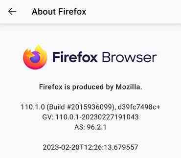Android 13'teki Firefox Hakkında sayfası.