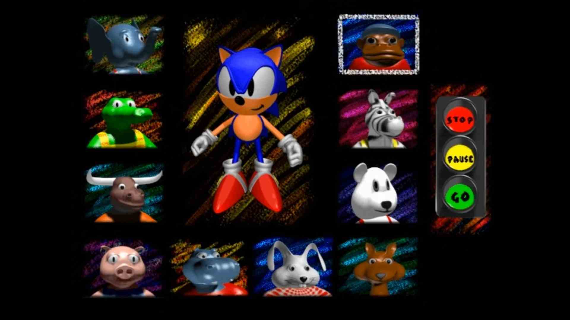 En iyi eğitici oyunlar: Sonic's Schoolhouse.  Görüntü, bir karakter seçme ekranında Sonic'i ve bir dizi garip karakteri göstermektedir.