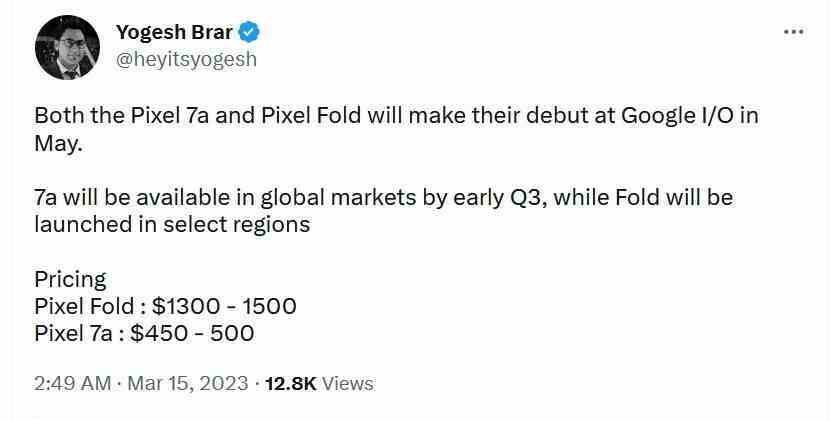 Tipster, Pixel Fold ve Pixel 7a'nın fiyatları hakkında duyduklarını yayınladı - Son söylenti, Pixel Fold'un Galaxy Fold 4 ve Fold 5'ten yüzlerce dolara mal olduğu yönünde.