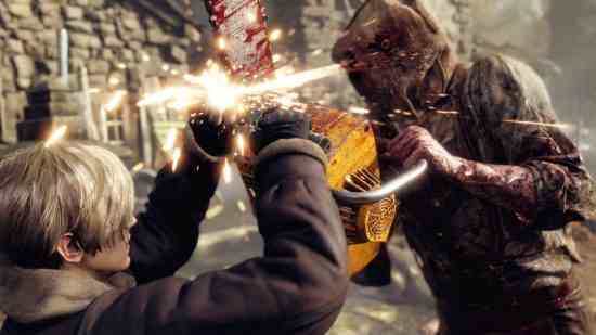 Resident Evil 4 incelemesi: Bıçaklı bir adam, Resident Evil 4'te elektrikli testere kullanan bir canavarın saldırısını savuşturuyor