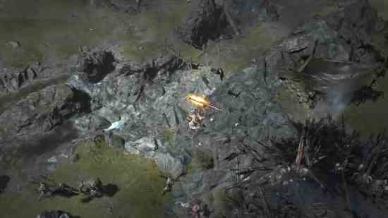 Diablo 4 Barbarian - Bir Barbar, aşağıdaki iblislere saldırmak için silahıyla havaya zıplıyor.