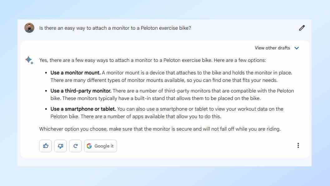 Peloton'a monitör monte etme konusunda Google Bard'ın tavsiyesi