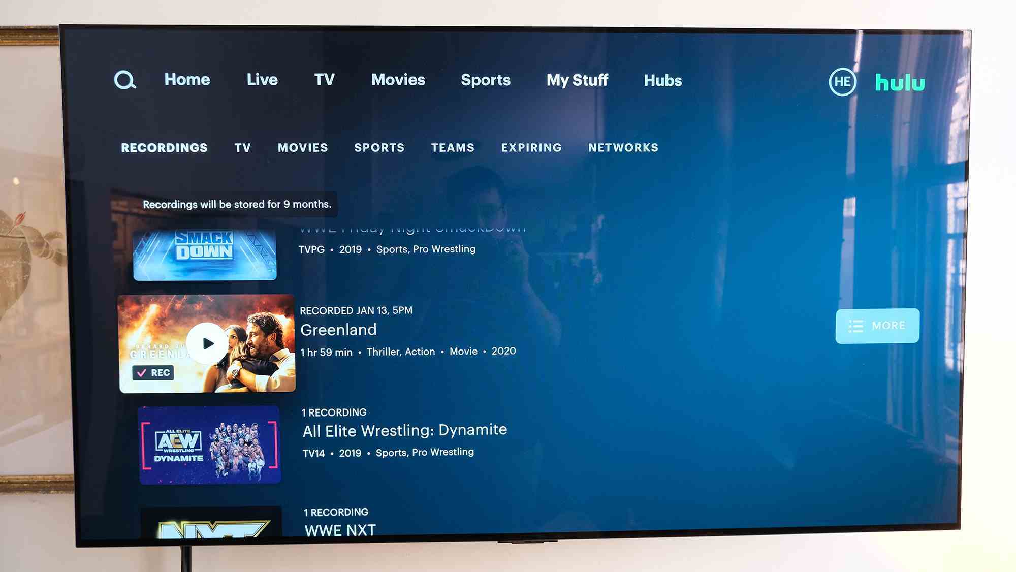 Hulu + Live TV'deki DVR menüsü