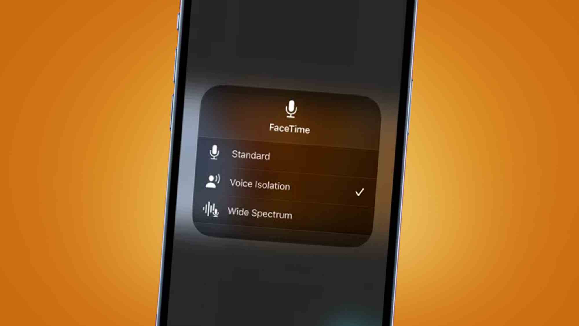 Turuncu arka planda FaceTime ses seçeneklerini gösteren bir iPhone