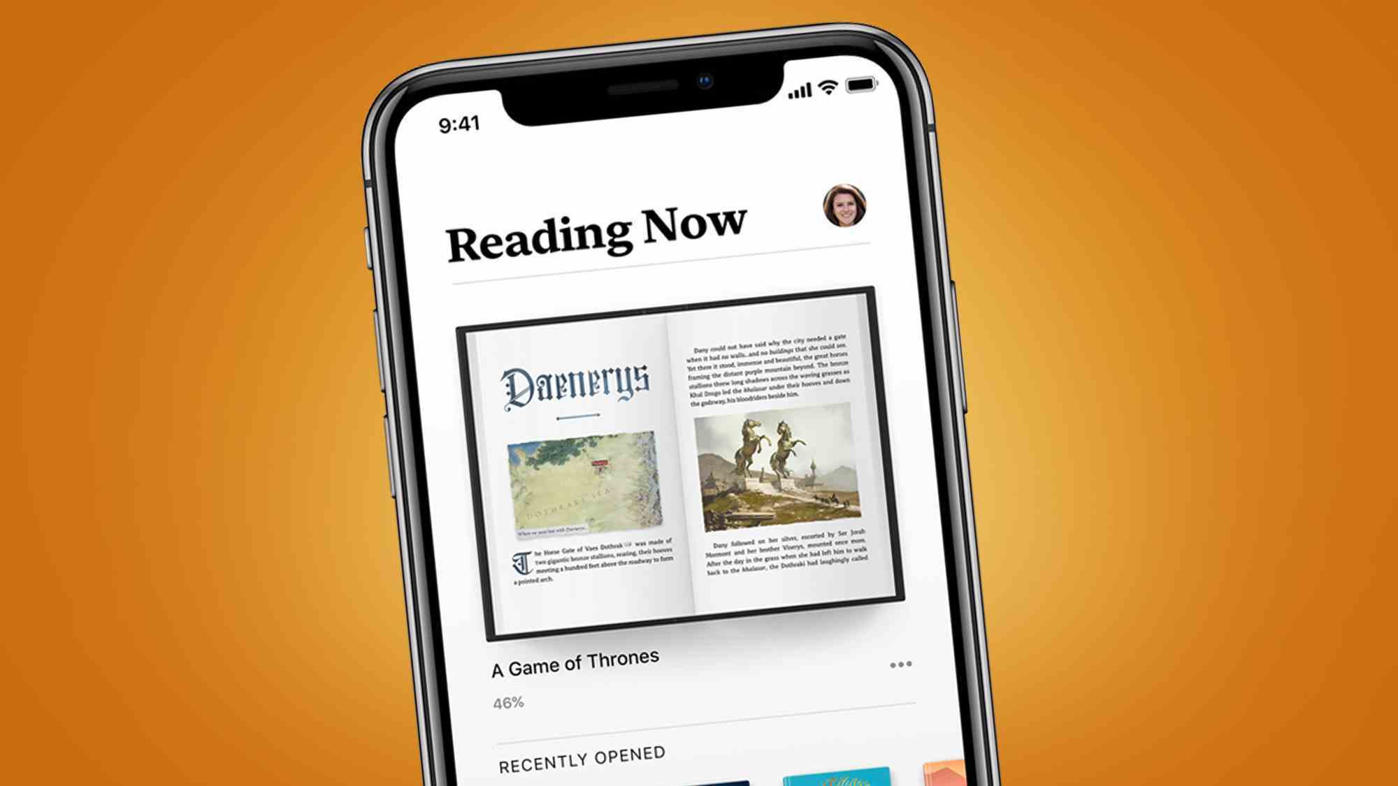 Apple Books uygulamasını gösteren turuncu arka plan üzerinde bir iPhone