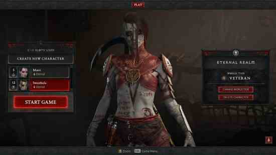 Diablo 4 ana menüsü, vücudunda kanlı işaretler olan kırmızı bir zırh giyen, yüzüne düşen uzun siyah ve kızıl saçları olan soluk, ince bir kadın.