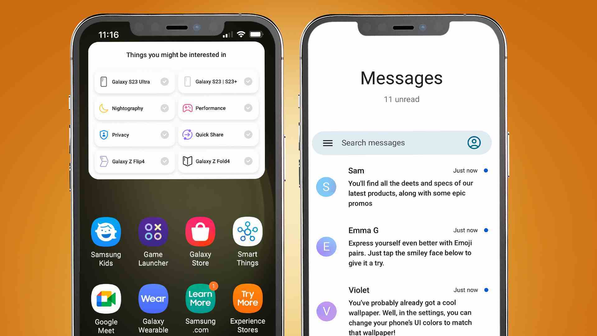 Samsung Try Galaxy uygulamasını gösteren turuncu bir arka plan üzerinde iki iPhone