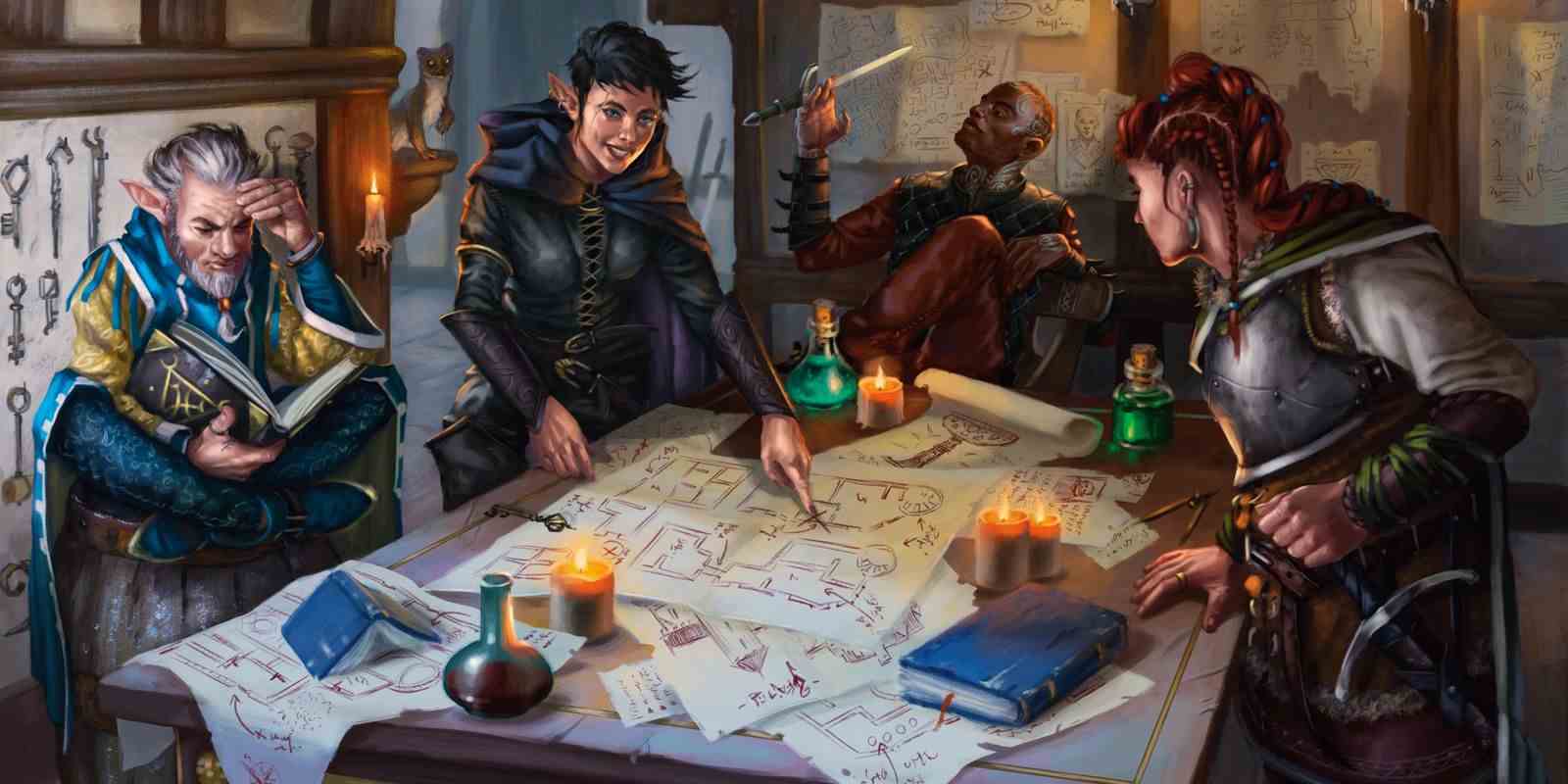 Zindanlar ve Ejderhalar Kitap sanatı Altın Mahzen'den Anahtarlar, dört maceracıdan oluşan bir grup bir masanın etrafında durup birkaç haritaya bakıyor