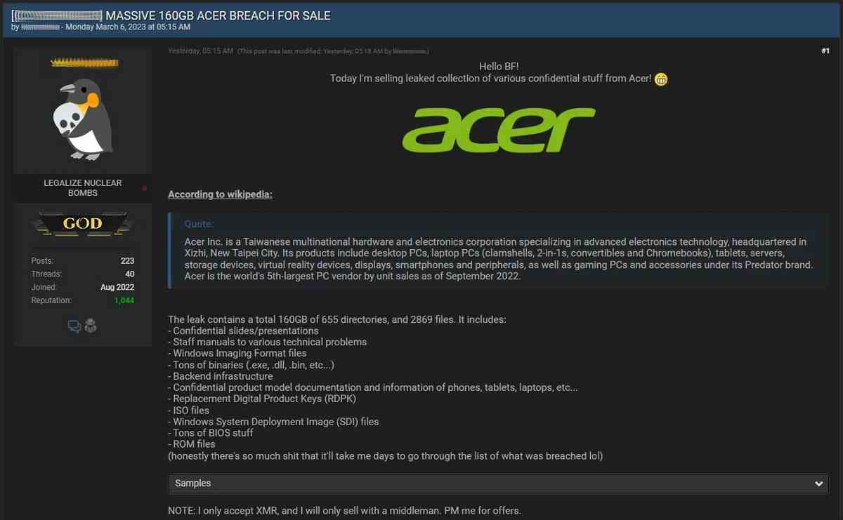 Acer veri sızıntısı - en yüksek teklifi veren aranıyor
