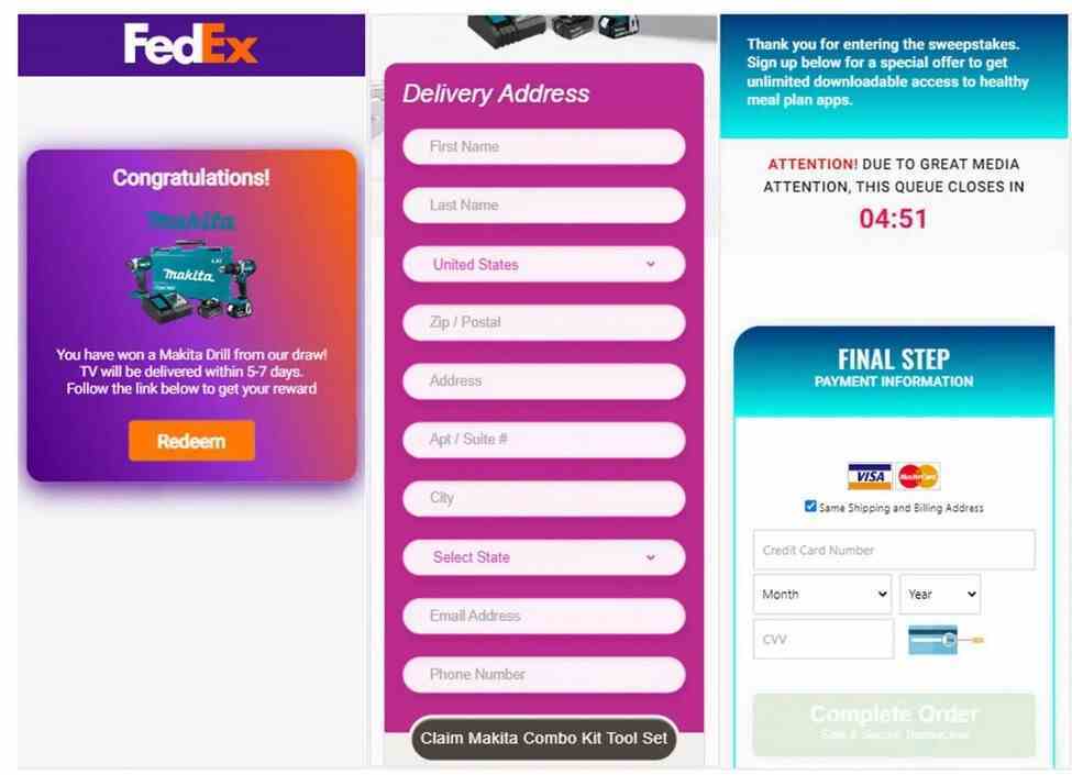 FedEx'ten gelen sahte metin, bir ödül kazandığınızı ve ödülü teslim etmek için adresinize ve kredi kartı bilgilerinize ihtiyaçları olduğunu söylüyor - "Apple";  ve diğer iki firma kredi kartınızı ve banka bilgilerinizi çalmayı hedefliyor