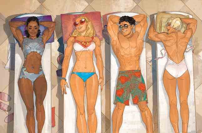 Natasha Irons, Supergirl, Conner Kent ve Power Girl sahilde şezlonga uzanıp bronzlaşıyor.