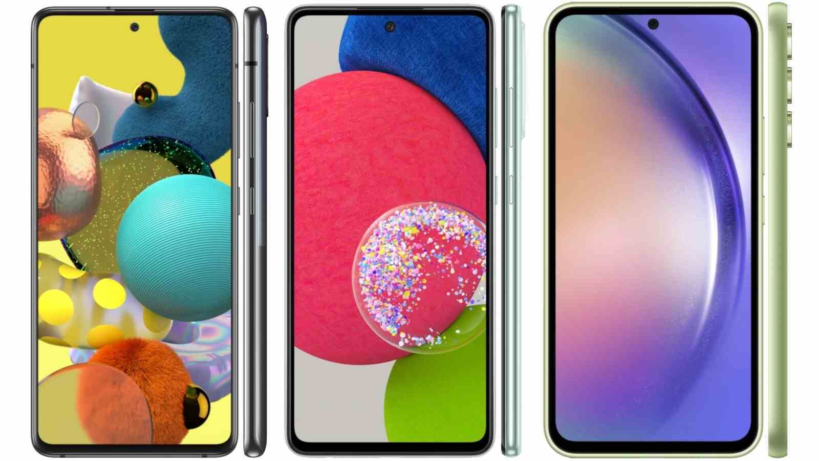 Solda 2019 Galaxy A51, ortada 2021 Galaxy A52 ve sağda yepyeni Galaxy A54.  Yeni telefonlarda daha kalın ekran çerçeveleri eğilimi görüyoruz.  - Galaxy A54 - Samsung, insanların Galaxy S23'e daha fazla para harcamasını sağlamak için şimdi daha ucuz telefonları daha kötü mü yapıyor?