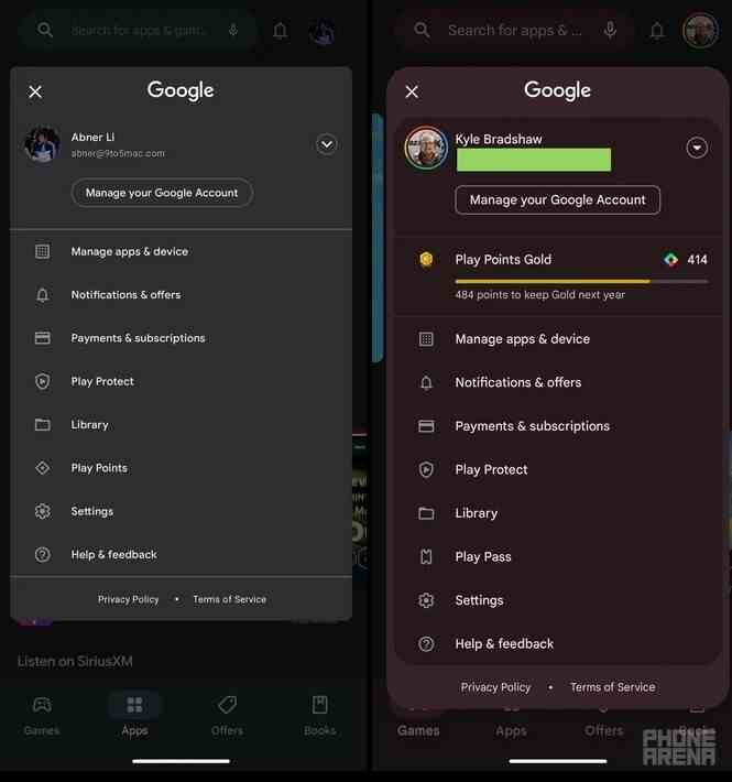 Solda eski Google Hesabı Değiştirici, sağda güncellenmiş kullanıcı arayüzü Image Credit 9to5Google - Google, Material You tasarımlarını kullanarak bir Play Store özelliğini ve Nearby Share'i günceller