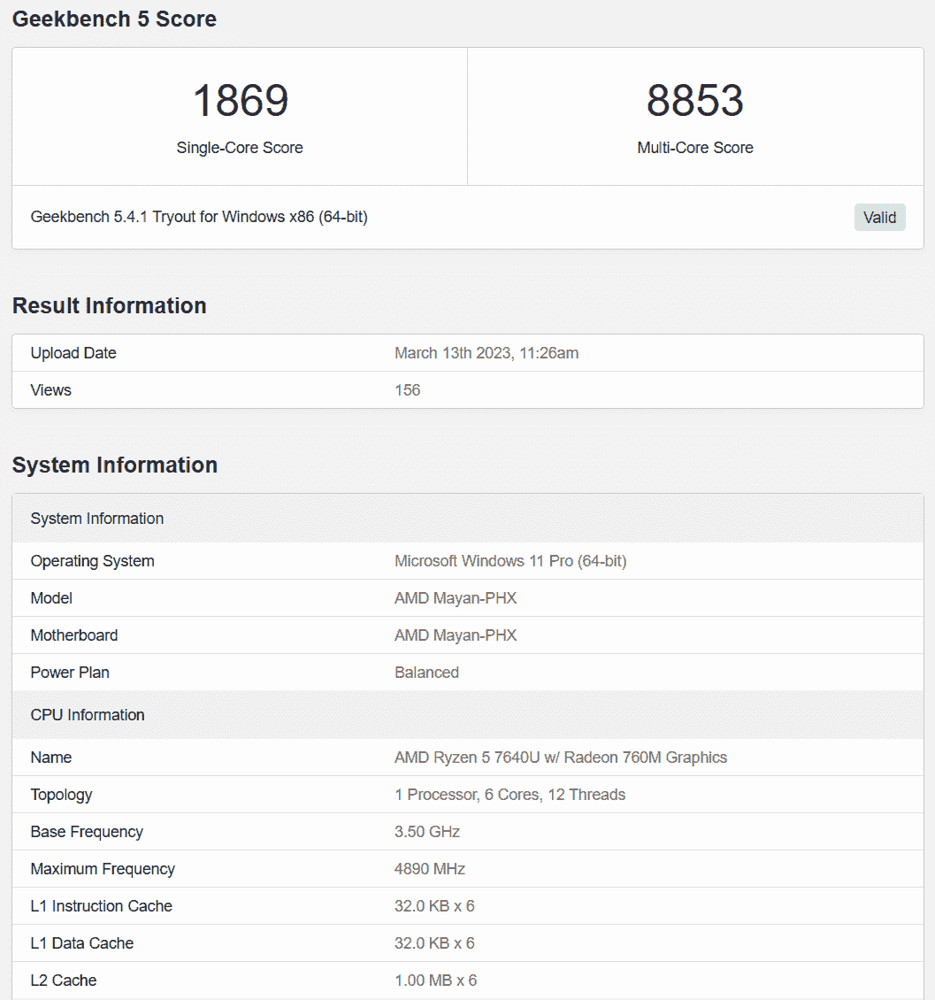 Ryzen 5 7640U Geekbench 5 Karşılaştırma Sonuçları