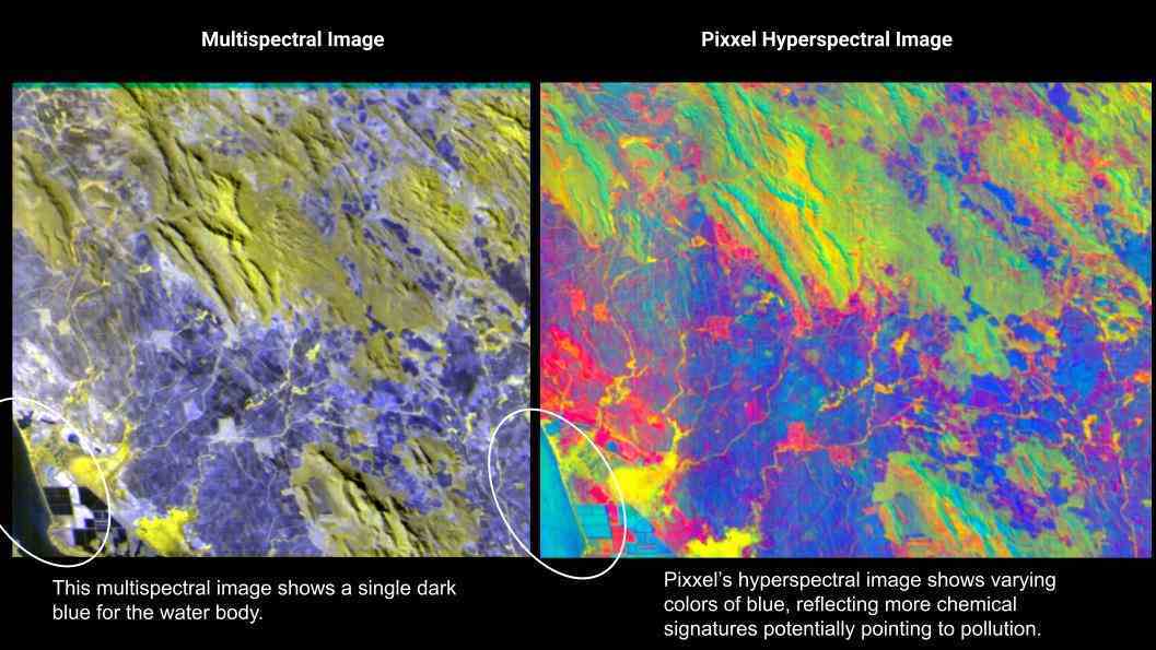 Daha fazla bilgi gösteren, biri hiperspektral olmak üzere iki uydu görüntüsü.