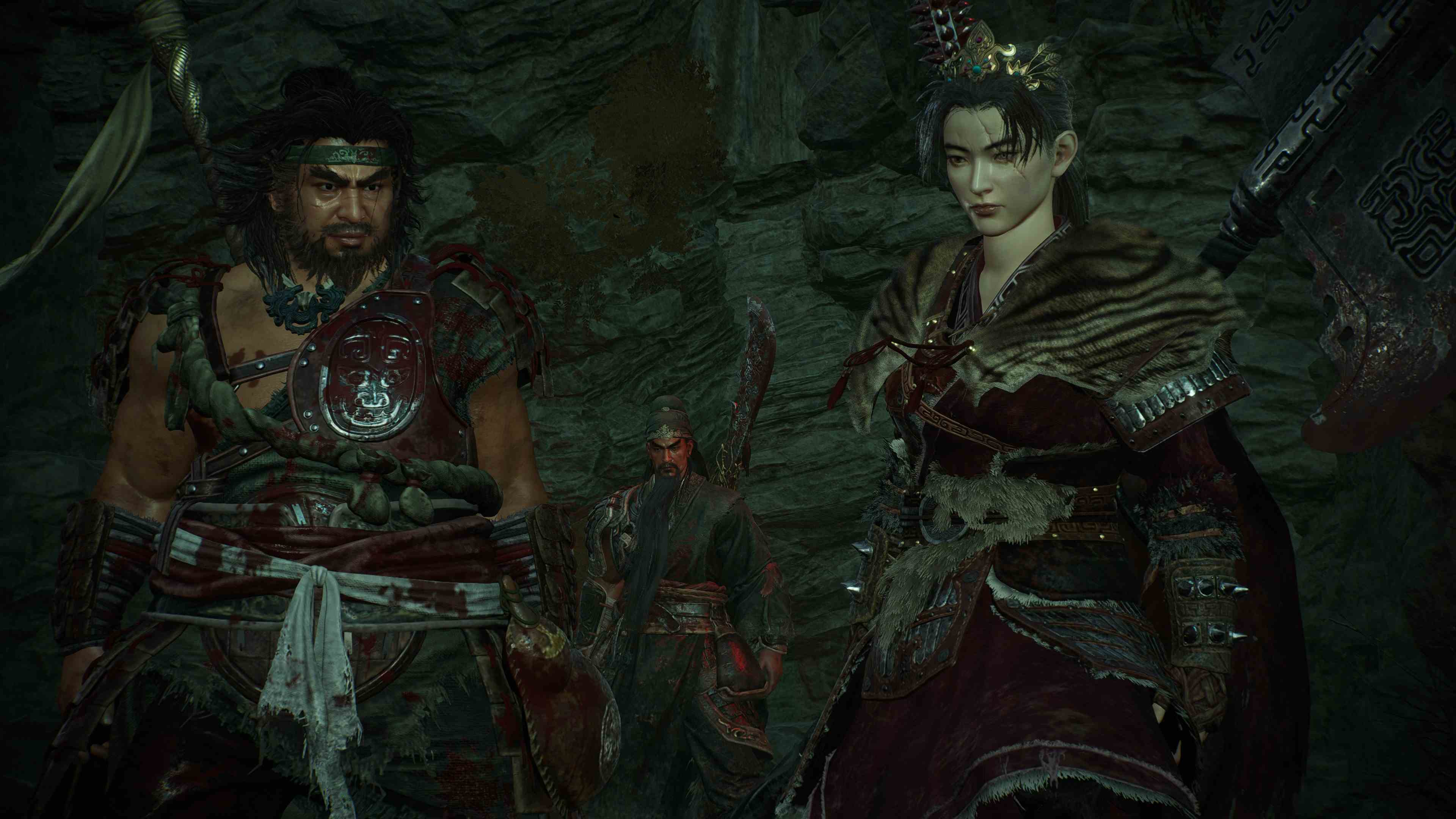 Wo Long: Fallen Dynasty NPC müttefiklerinin yanında duran oyuncunun Fotoğraf Modunda çekilmiş oyun içi ekran görüntüsü.