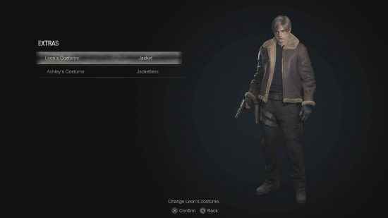 Resident Evil 4 Remake açılabilir öğeleri - kostüm seçme ekranı.  Leon şu anda Ceket kostümünü giyiyor.