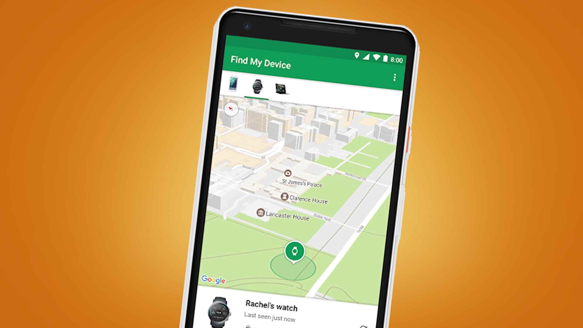 Cihazımı Bul işlevini gösteren turuncu bir arka plan üzerinde bir Android telefon