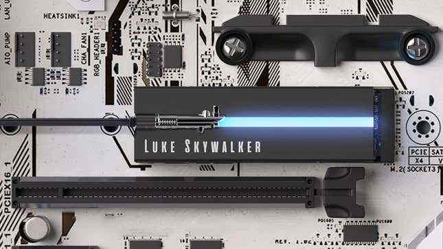 Seagate'in Lightsaber Collection Special Edition FireCuda PCIE Gen4 NVMe SSD'si, Luke Skywalker ön yüzü takılı bir ana karta takılı.