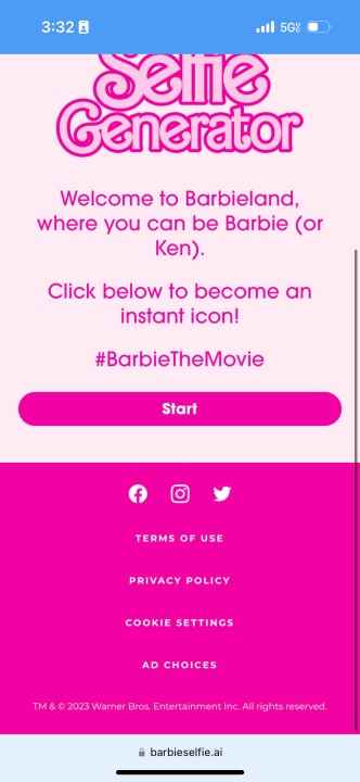 Barbie Selfie Generator web sitesinin ekran görüntüsü.