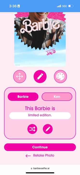 Barbie Selfie Generator web sitesinin ekran görüntüsü.