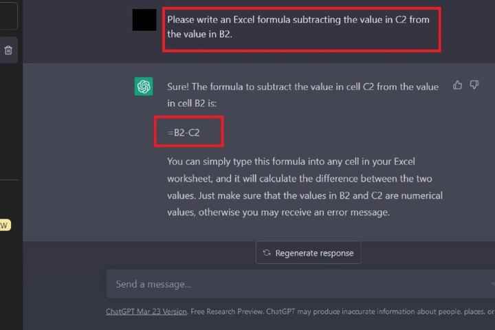 ChatGPT çıkarma Excel formül isteği ve yanıt ekran görüntüsü.