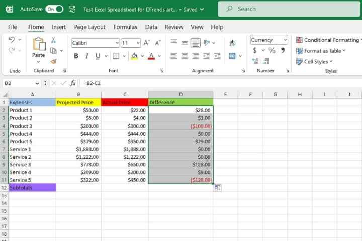 Excel elektronik tablosundaki Farklar sütununun geri kalanını doldurma.