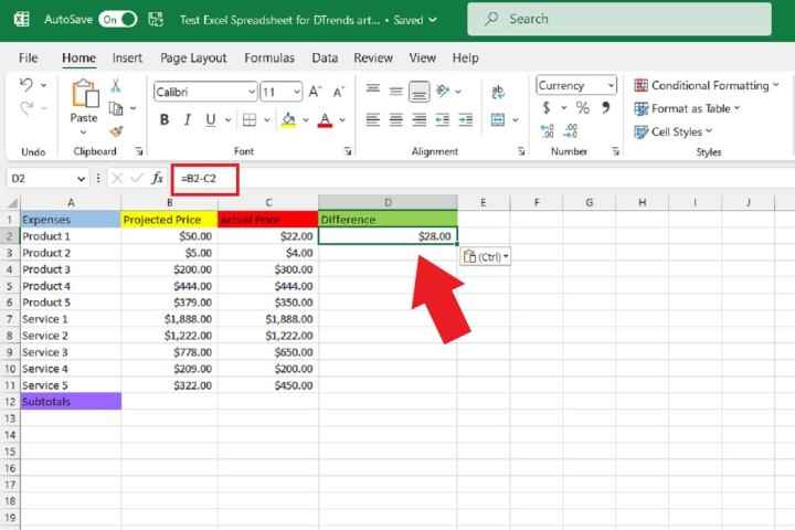 Excel elektronik tablosundaki ilk çıkarma formülü.