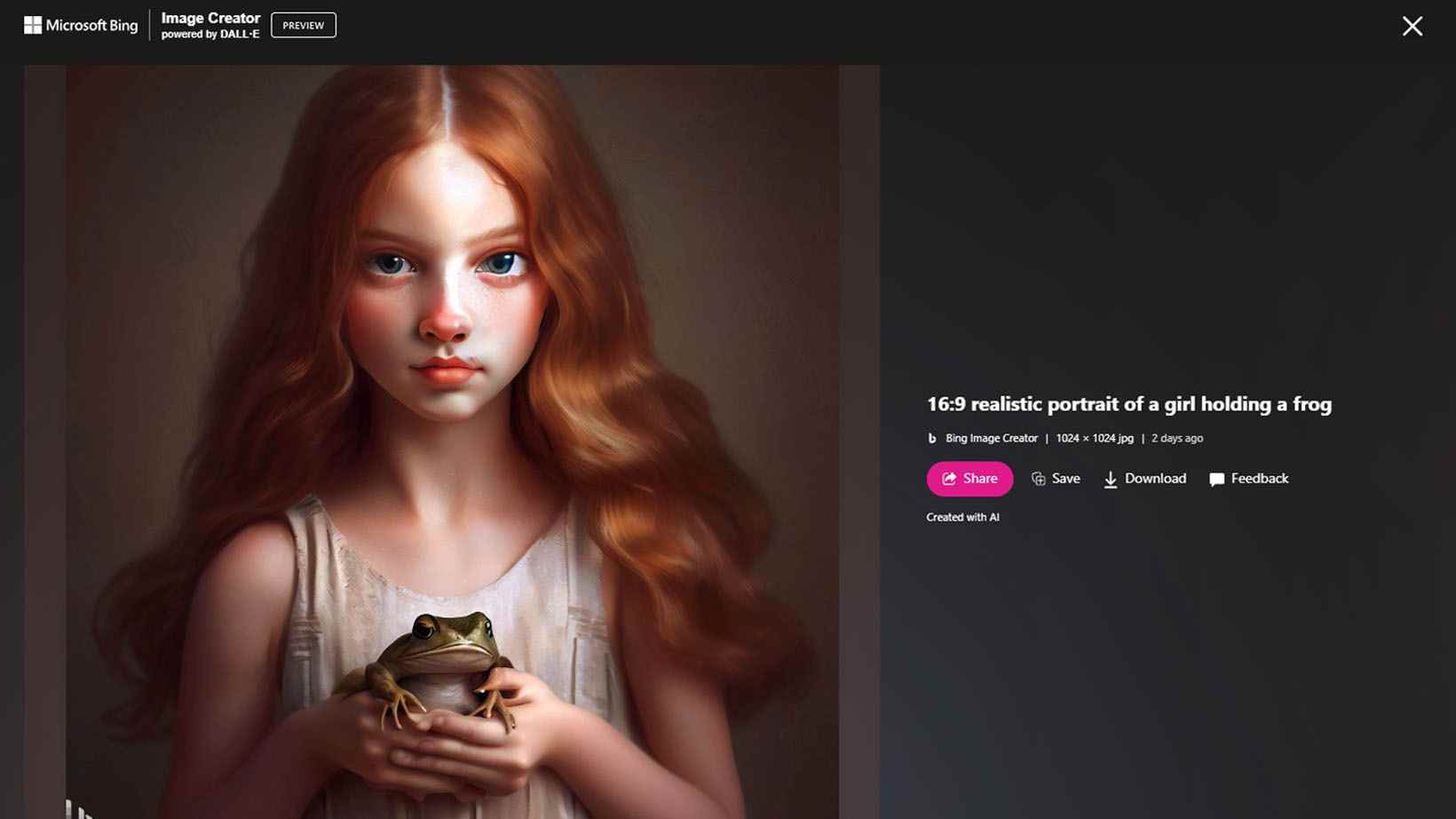 Kurbağayı yanlış ellerle tutan kızın Bing Image Creator resmi