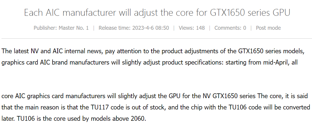 NVIDIA, TU117 silikonun envanteri tükendiği için iş ortaklarından TU106 GPU'lu GeForce GTX 1650 grafik kartları sunmalarını istedi.  (Resim Kredisi: Videocardz)